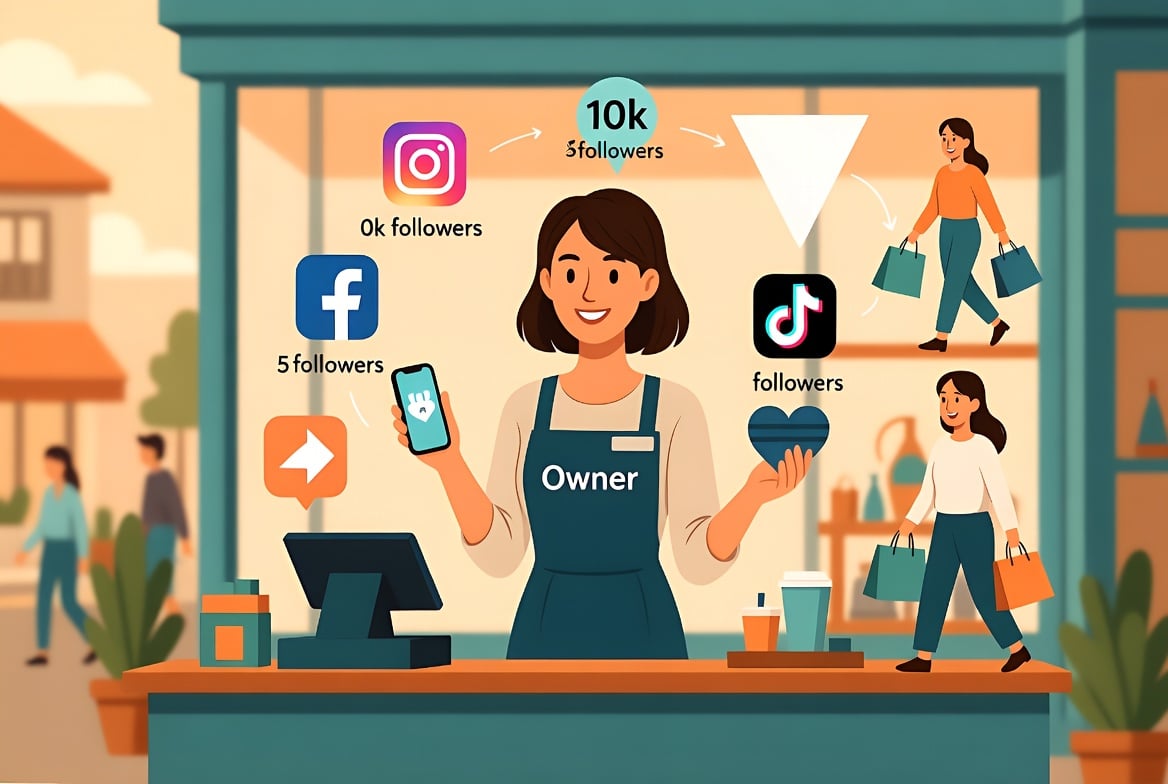 Illustration of a friendly small business owner in her shop using social media on her phone to turn followers into happy local customers carrying shopping bags