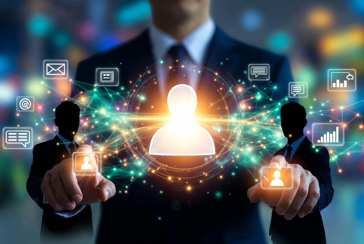 Businessman with digital communication icons